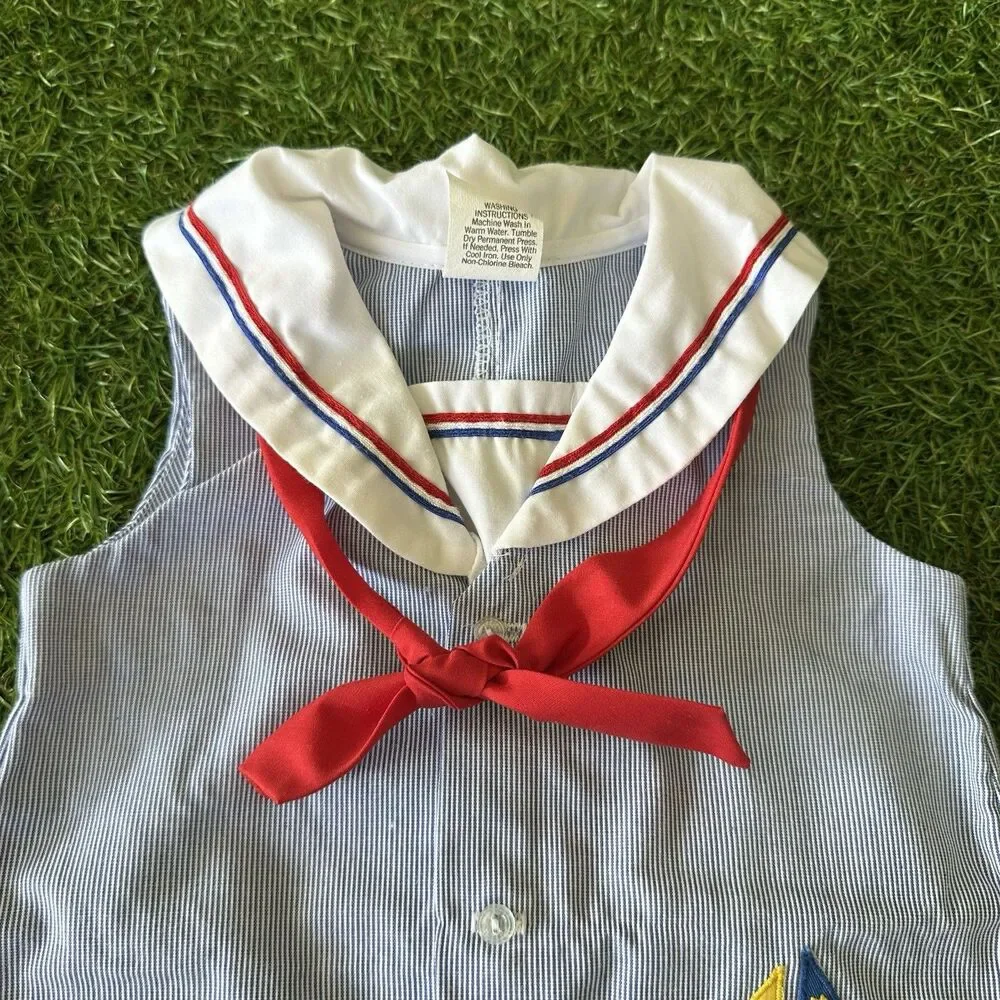 Vtg‎ 80s Sailor Romper Outfit Infant Size 6-9 Months Blue White Stripe Bear Boat